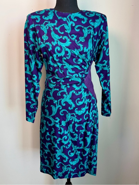 Patty O’Neil Dresses & Skirts - Patty O’Neil VTG 80s Purple Teal Baroque Print Rayon Dress w/ Suede Trim | Sz 6